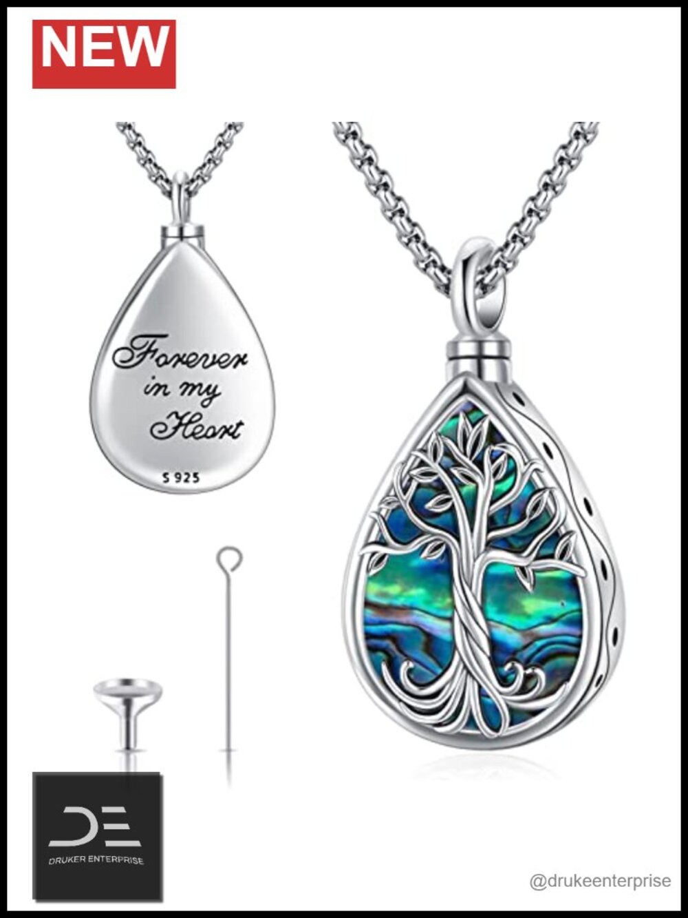 Sterling Silver 925 Tree of Life Cremation Urn Necklace Pendant with Abalone